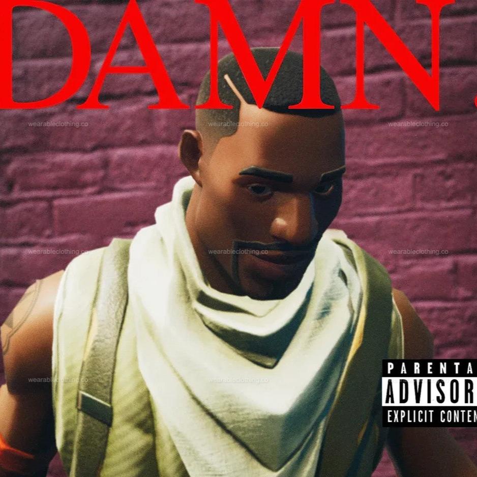 Black T-shirt with Fortnite’s default character Sydney replacing Kendrick Lamar on the DAMN album cover.