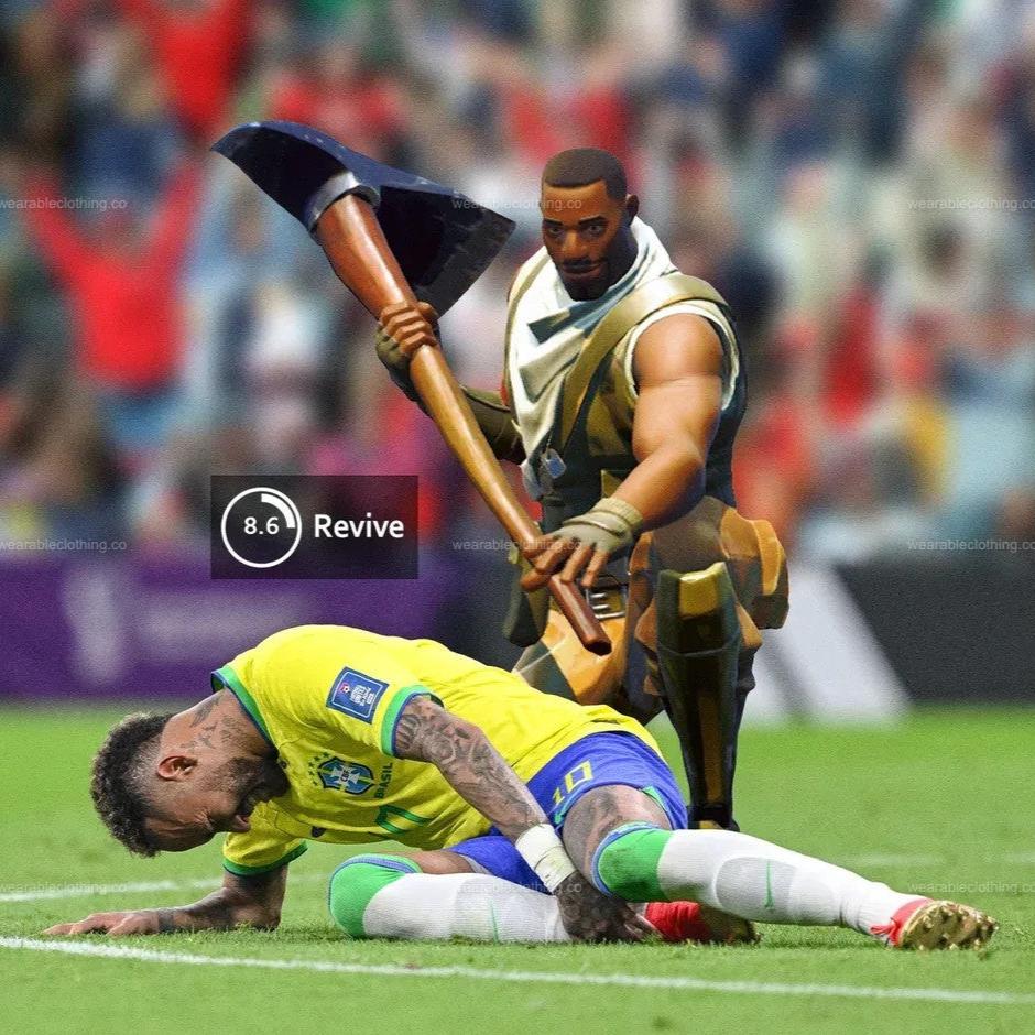 Black T-shirt with Fortnite’s default character Sydney reviving Neymar.