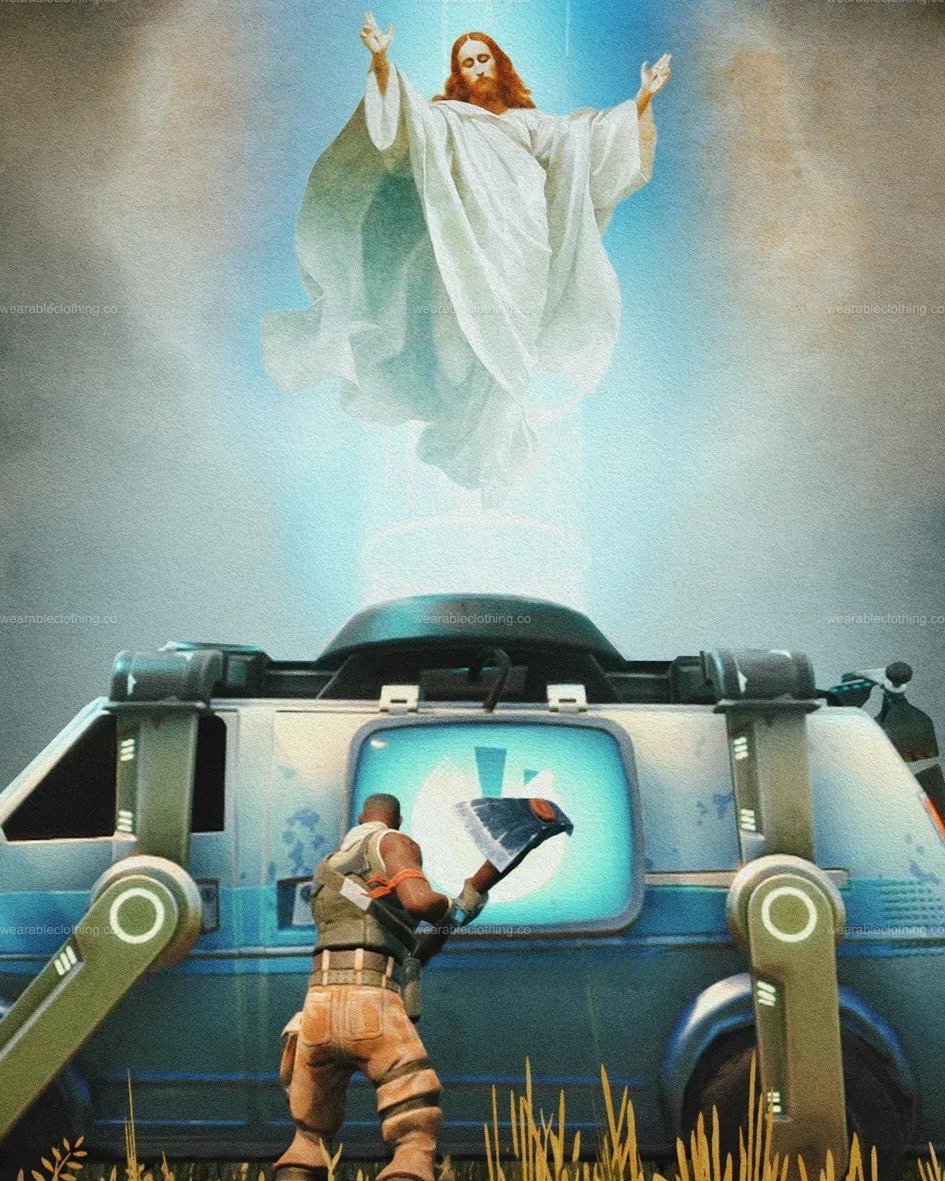 Black T-shirt with Jesus getting rebooted in Fortnite