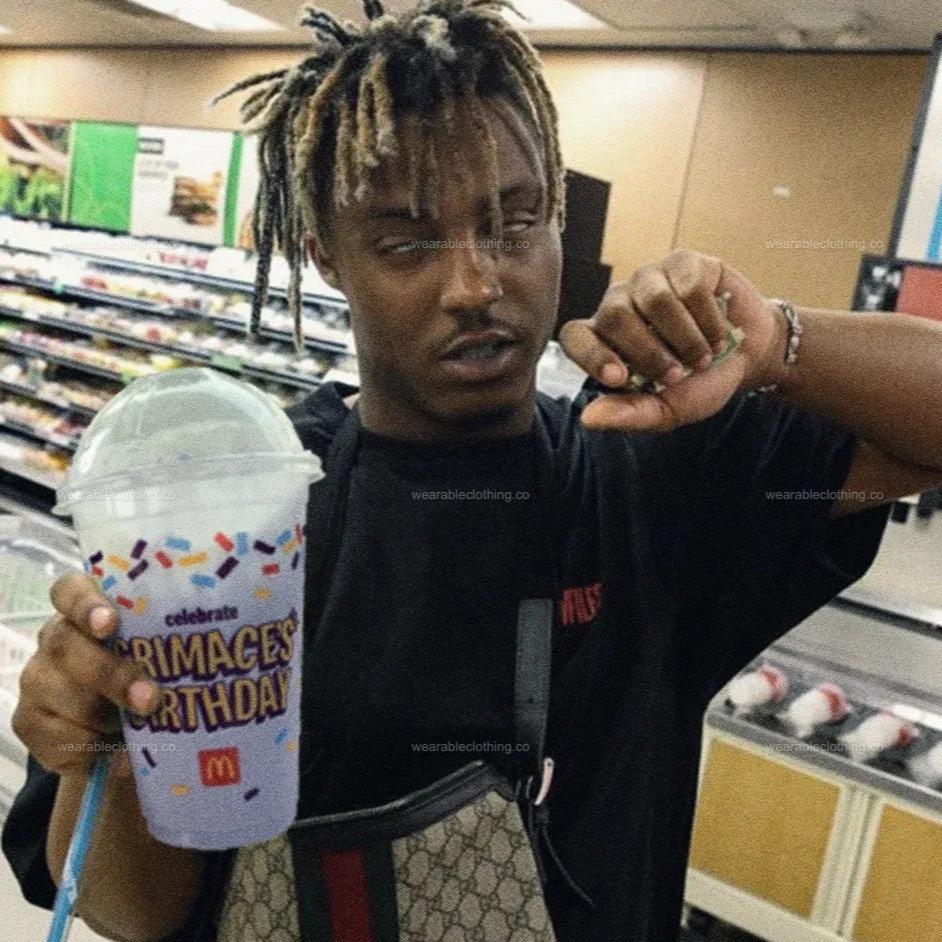 Black T-shirt with Juice WRLD holding a Grimace shake