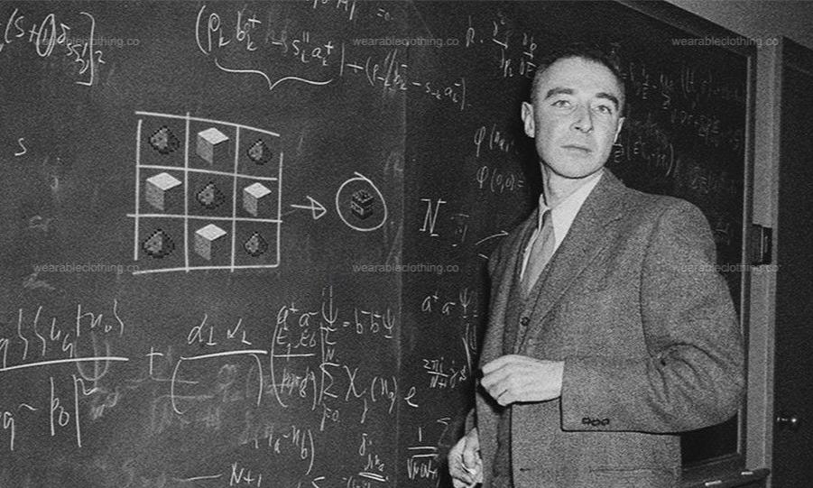Black T-shirt with Oppenheimer explaining on a class board, with Minecraft elements.