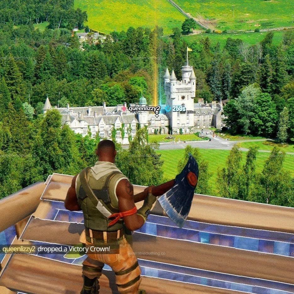 Black T-shirt with Fortnite’s default character looking at the reboot card of Queen Elizabeth in her castle