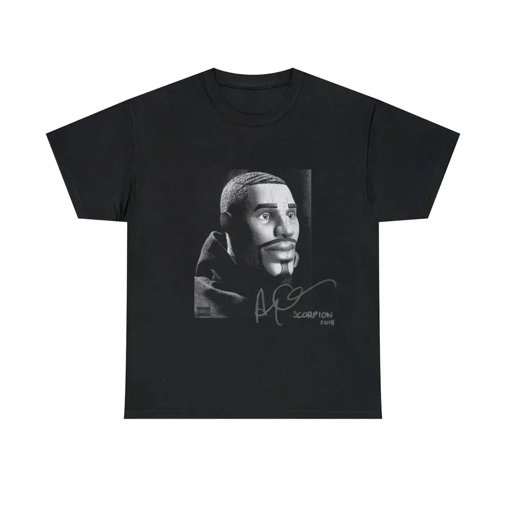 Black T-shirt with Fortnite’s default character on the cover of Drake’s Scorpion studio album