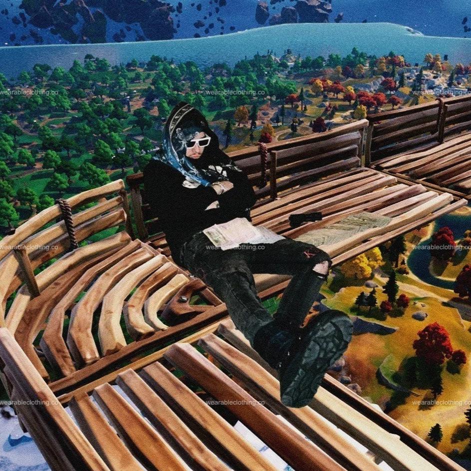 Black T-shirt with Yeat making a skybase in Fortnite.