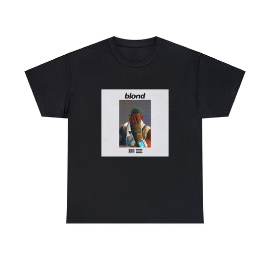 Black T-shirt with Fortnite's default character Sydney replacing Frank Ocean on the iconic Blond album cover.