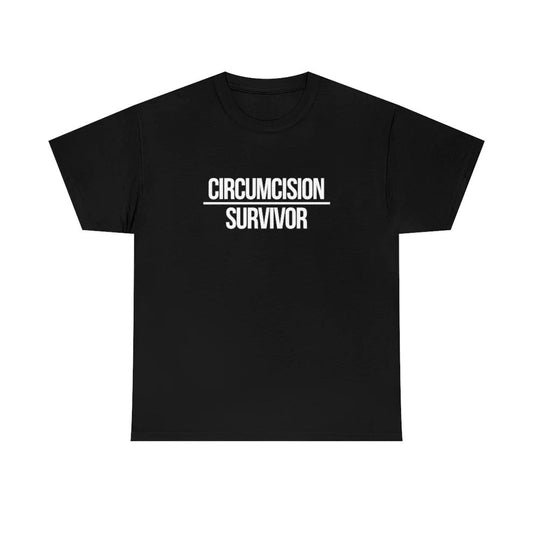 Black T-shirt design featuring bold text saying 'Circumcision Survivor'.