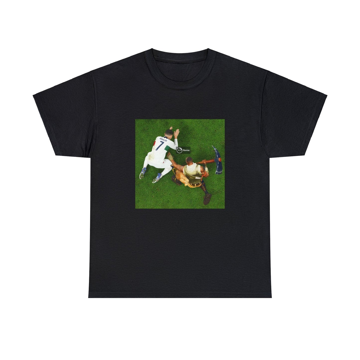 Black T-shirt design with Fortnite’s Sydney character reviving Cristiano Ronaldo after he got two hundred pumped.