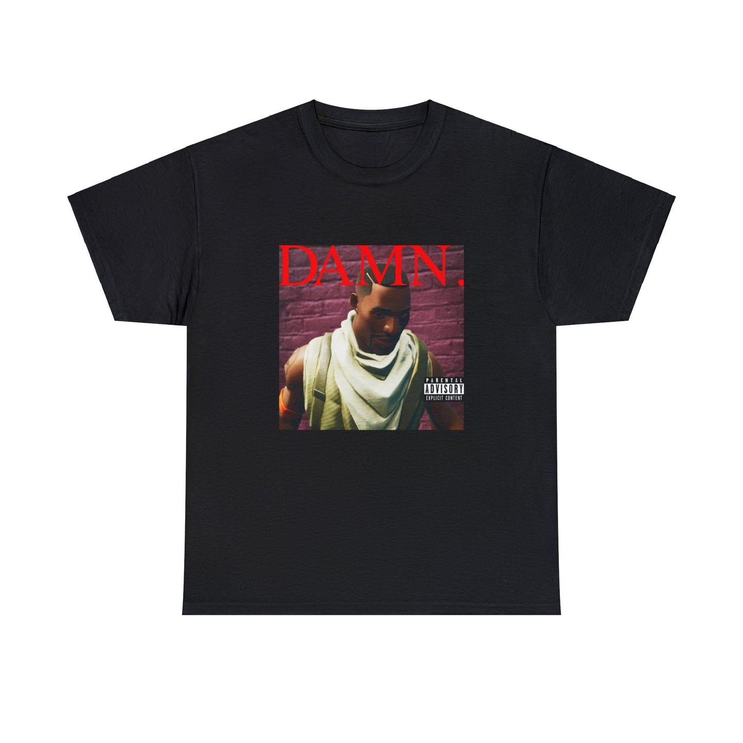 Black T-shirt with Fortnite’s default character Sydney replacing Kendrick Lamar on the DAMN album cover.