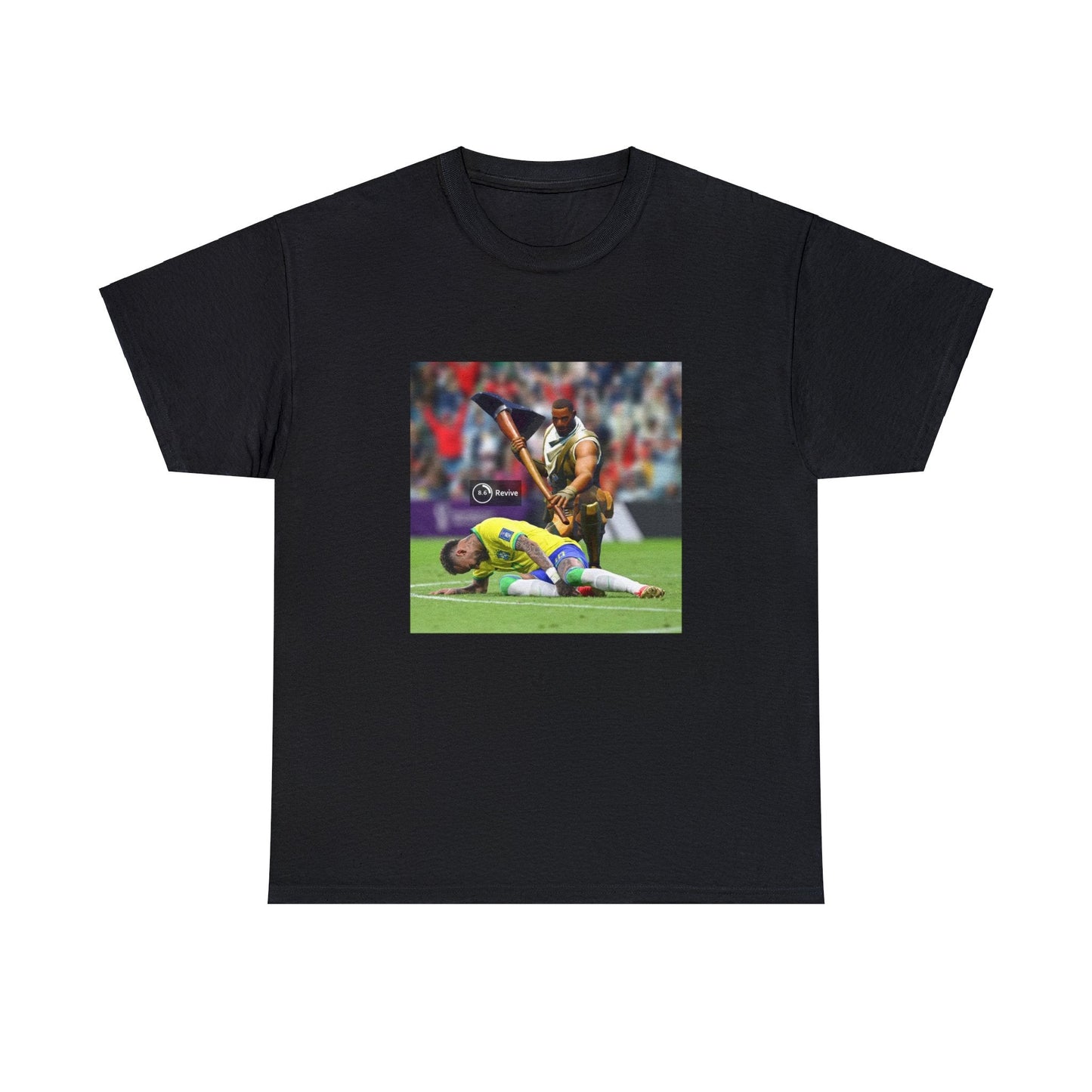 Black T-shirt with Fortnite’s default character Sydney reviving Neymar.
