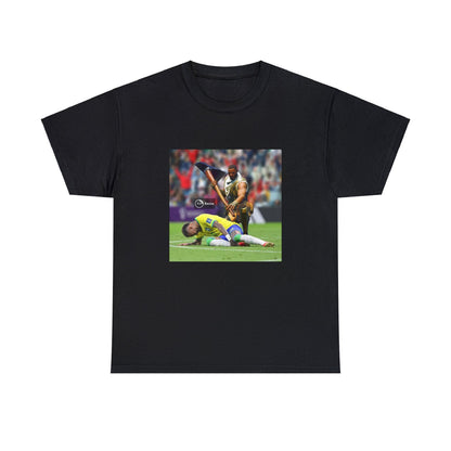 Black T-shirt with Fortnite’s default character Sydney reviving Neymar.

