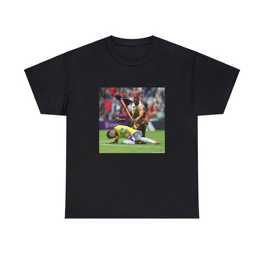 Black T-shirt with Fortnite’s default character Sydney reviving Neymar.
