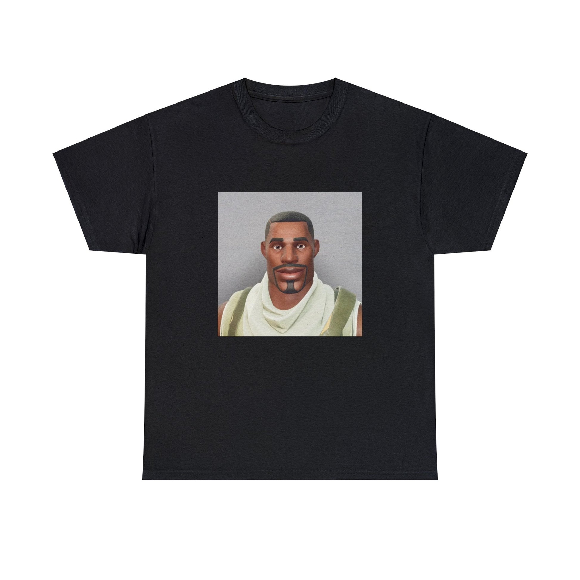Black T-shirt with Fortnite’s default character Sydney as a mugshot after being arrested.