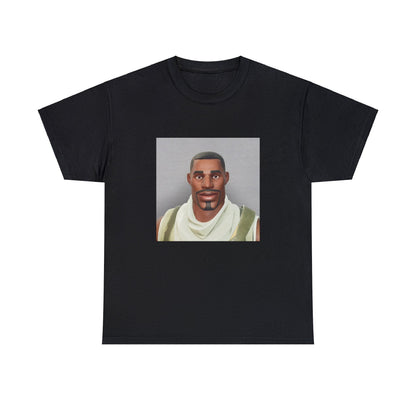 Black T-shirt with Fortnite’s default character Sydney as a mugshot after being arrested.
