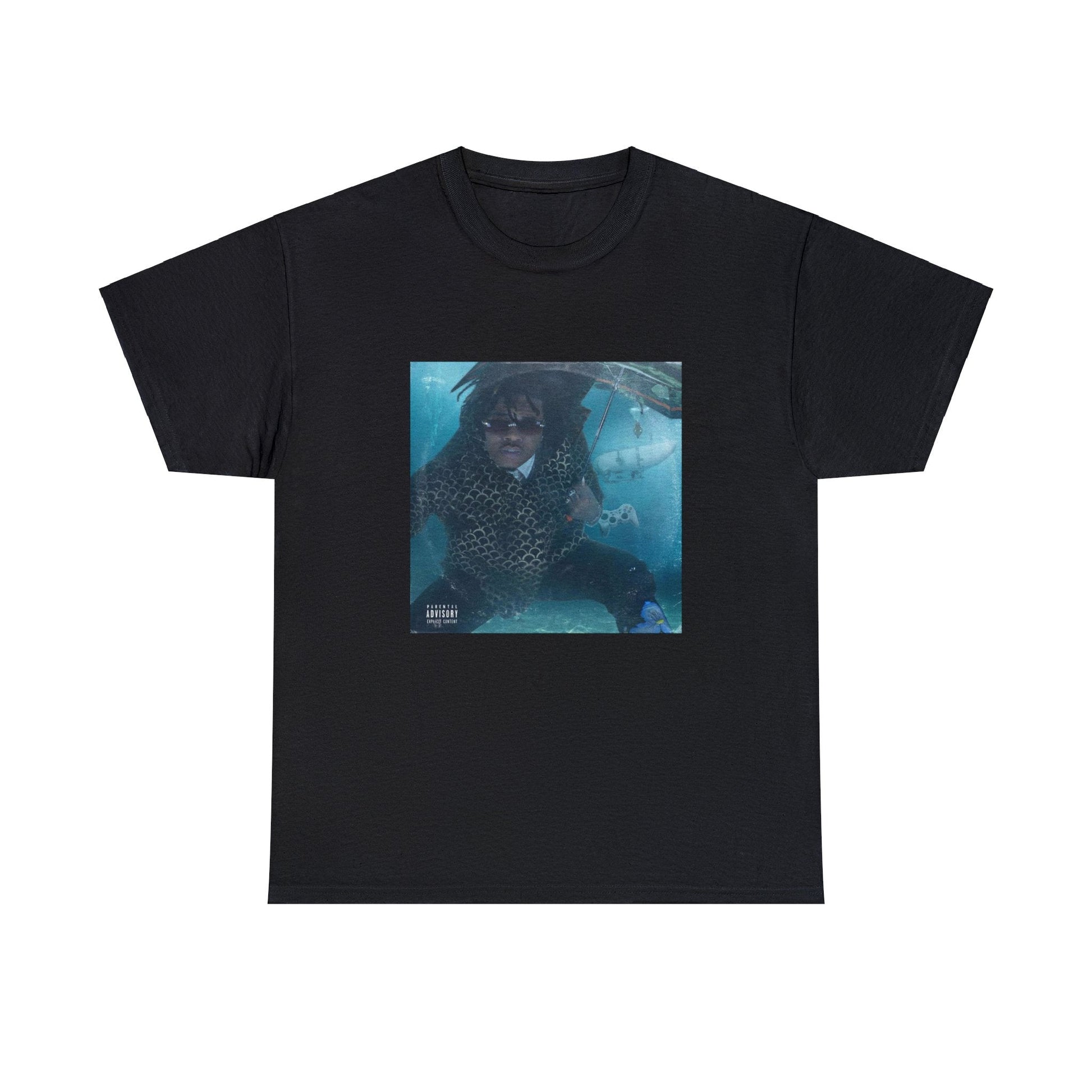 Black T-shirt with rapper Gunna holding an umbrella underwater beside the OceanGate submarine that drowned
