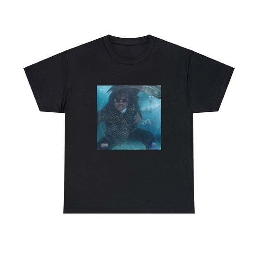 Black T-shirt with rapper Gunna holding an umbrella underwater beside the OceanGate submarine that drowned