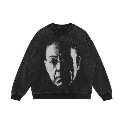 Crewneck design with the face of Gustavo Fring from Breaking Bad.

