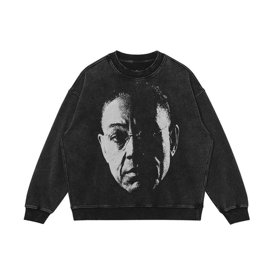 Crewneck design with the face of Gustavo Fring from Breaking Bad.

