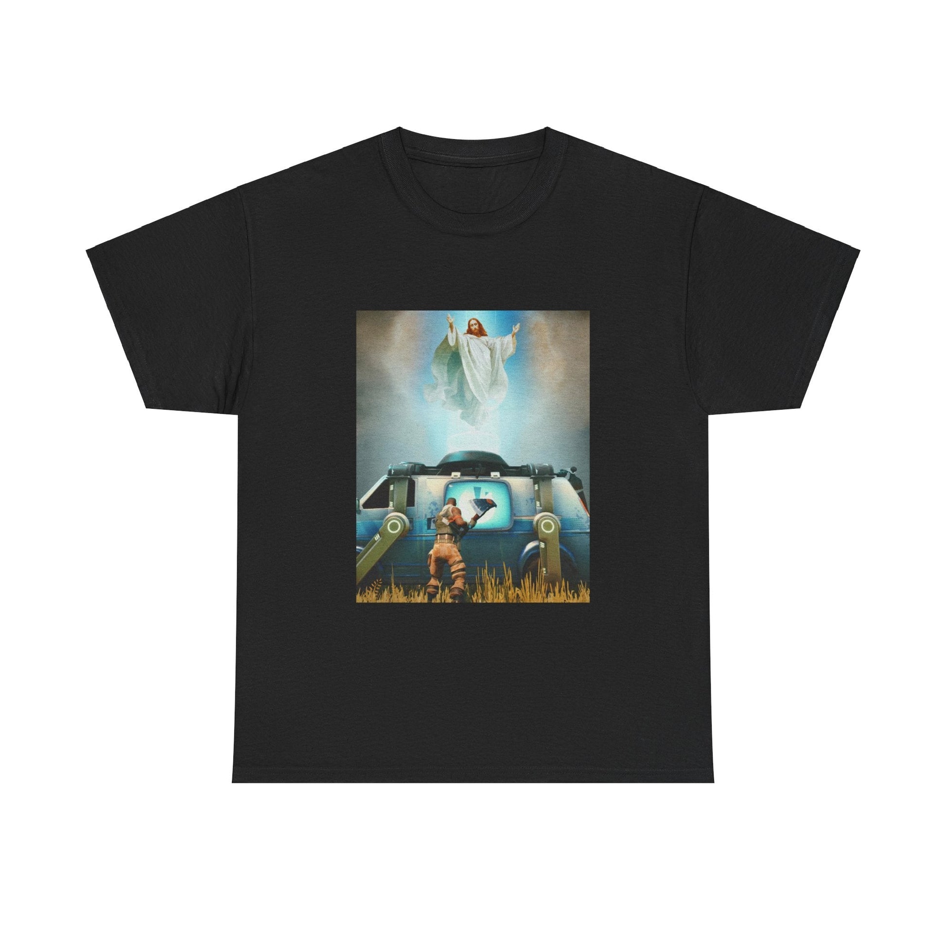 Black T-shirt with Jesus getting rebooted in Fortnite