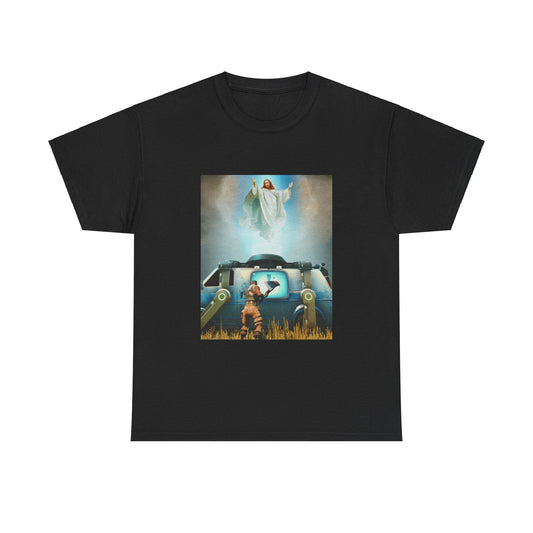Black T-shirt with Jesus getting rebooted in Fortnite