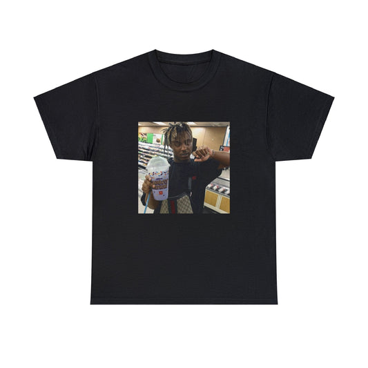 Black T-shirt with Juice WRLD holding a Grimace shake