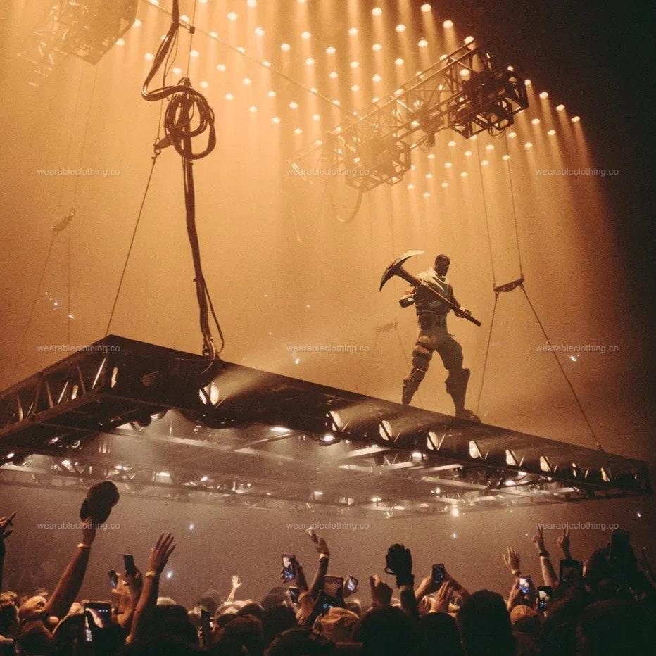 Black T-shirt with Fortnite’s default character replacing Kanye West on a concert stage