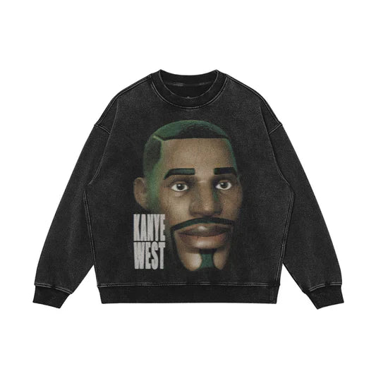Crewneck with Fortnite’s default character’s face and the text ‘Kanye West’ beside him