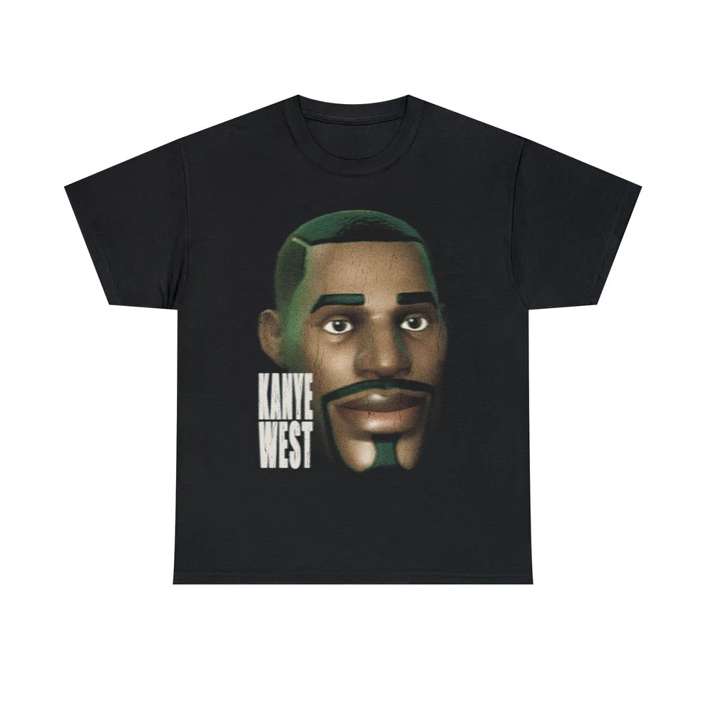 Black T-shirt with Fortnite’s default character’s face and the text ‘Kanye West’ beside him