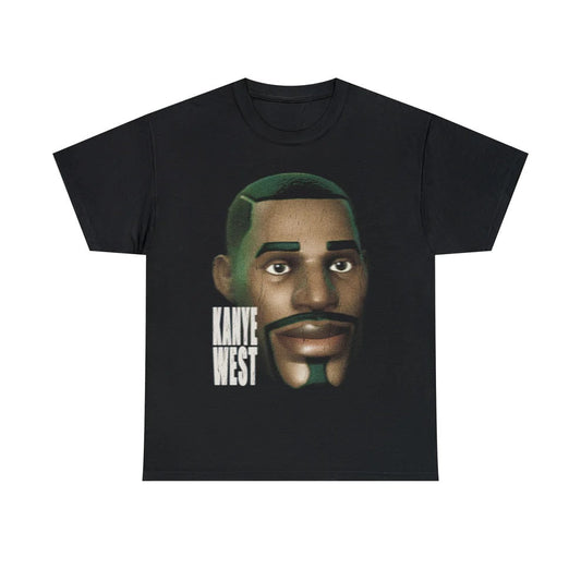 Black T-shirt with Fortnite’s default character’s face and the text ‘Kanye West’ beside him
