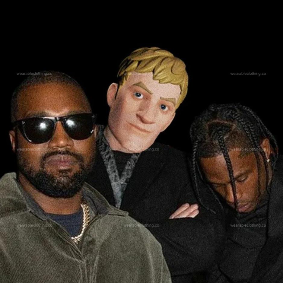 Black T-shirt with Fortnite’s default character replacing Elon Musk, posing for a picture with Travis Scott and Kanye West