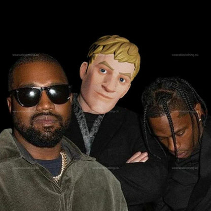 Black T-shirt with Fortnite’s default character replacing Elon Musk, posing for a picture with Travis Scott and Kanye West