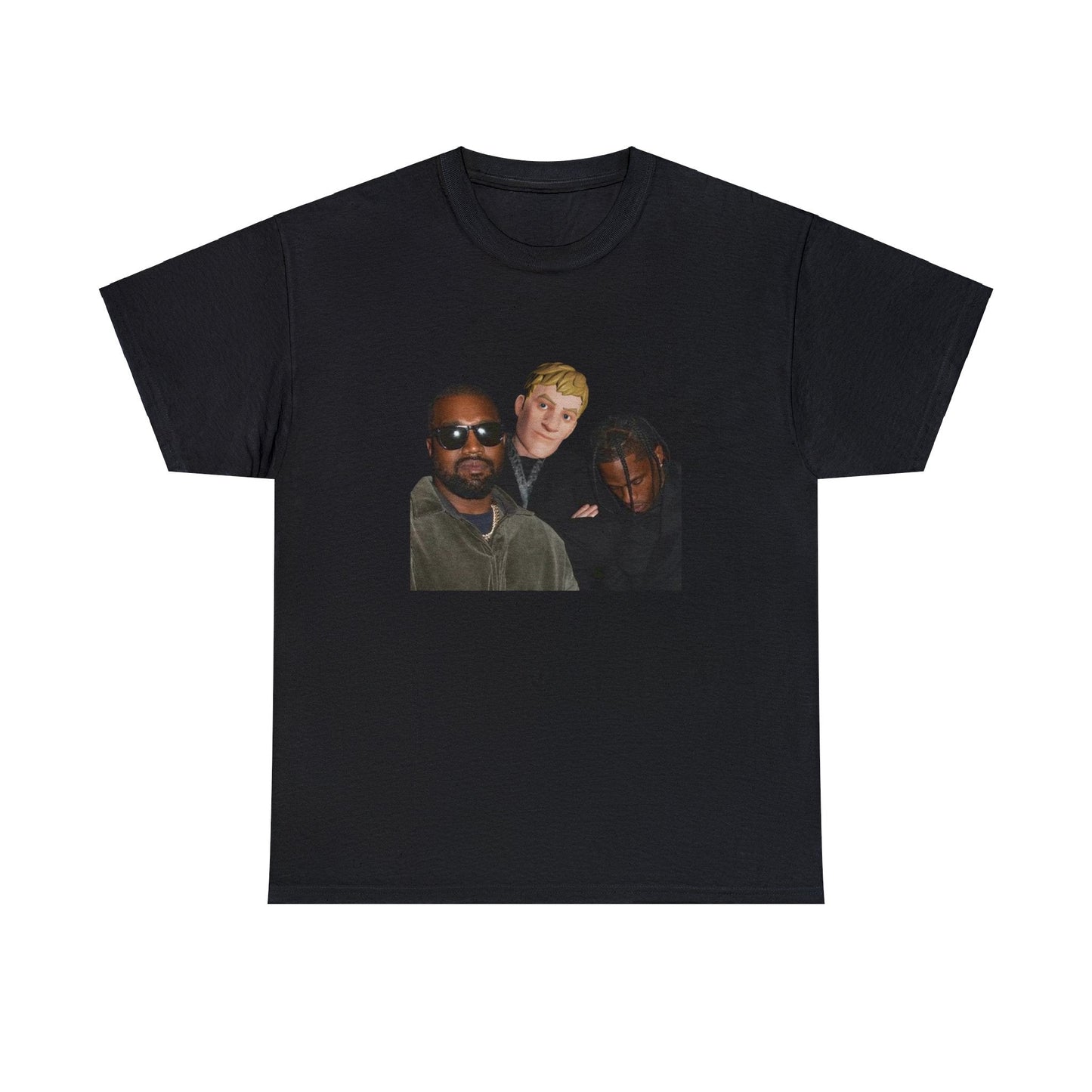 Black T-shirt with Fortnite’s default character replacing Elon Musk, posing for a picture with Travis Scott and Kanye West