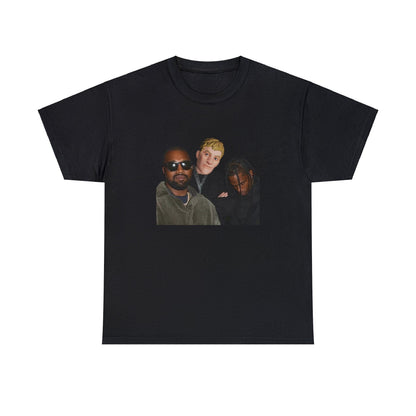 Black T-shirt with Fortnite’s default character replacing Elon Musk, posing for a picture with Travis Scott and Kanye West