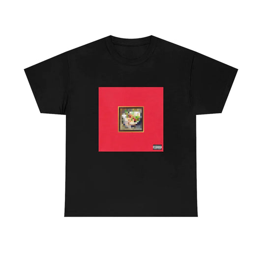 Black T-shirt with Minecraft elements on the cover of Kanye West’s My Beautiful Dark Twisted Fantasy album
