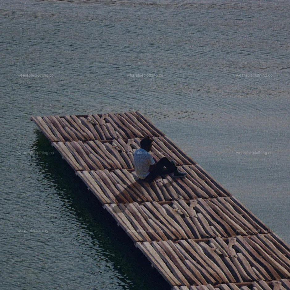 Black T-shirt with the cover of Baby Keem’s The Melodic Blue studio album, but the floor is made of Fortnite wood build