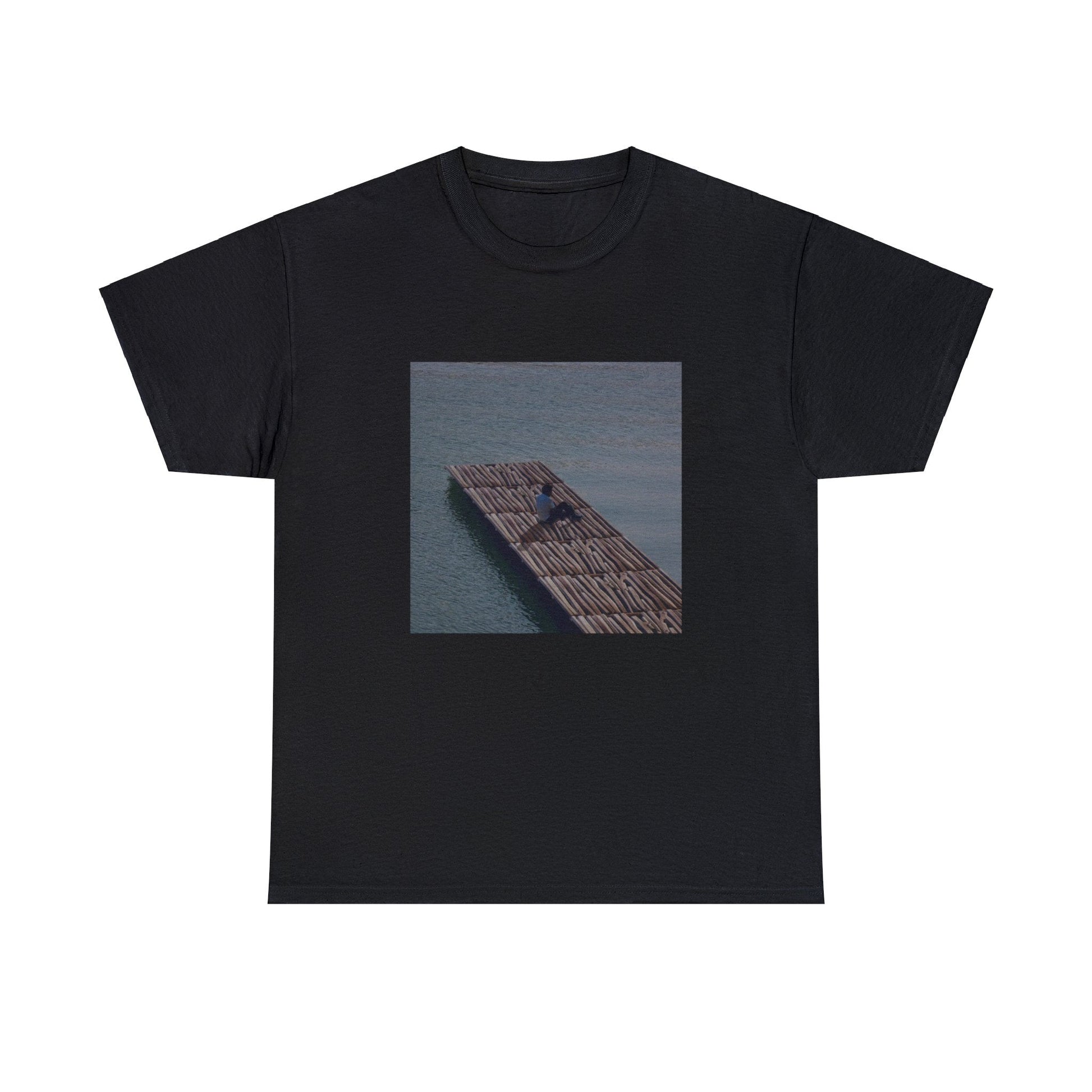 Black T-shirt with the cover of Baby Keem’s The Melodic Blue studio album, but the floor is made of Fortnite wood build