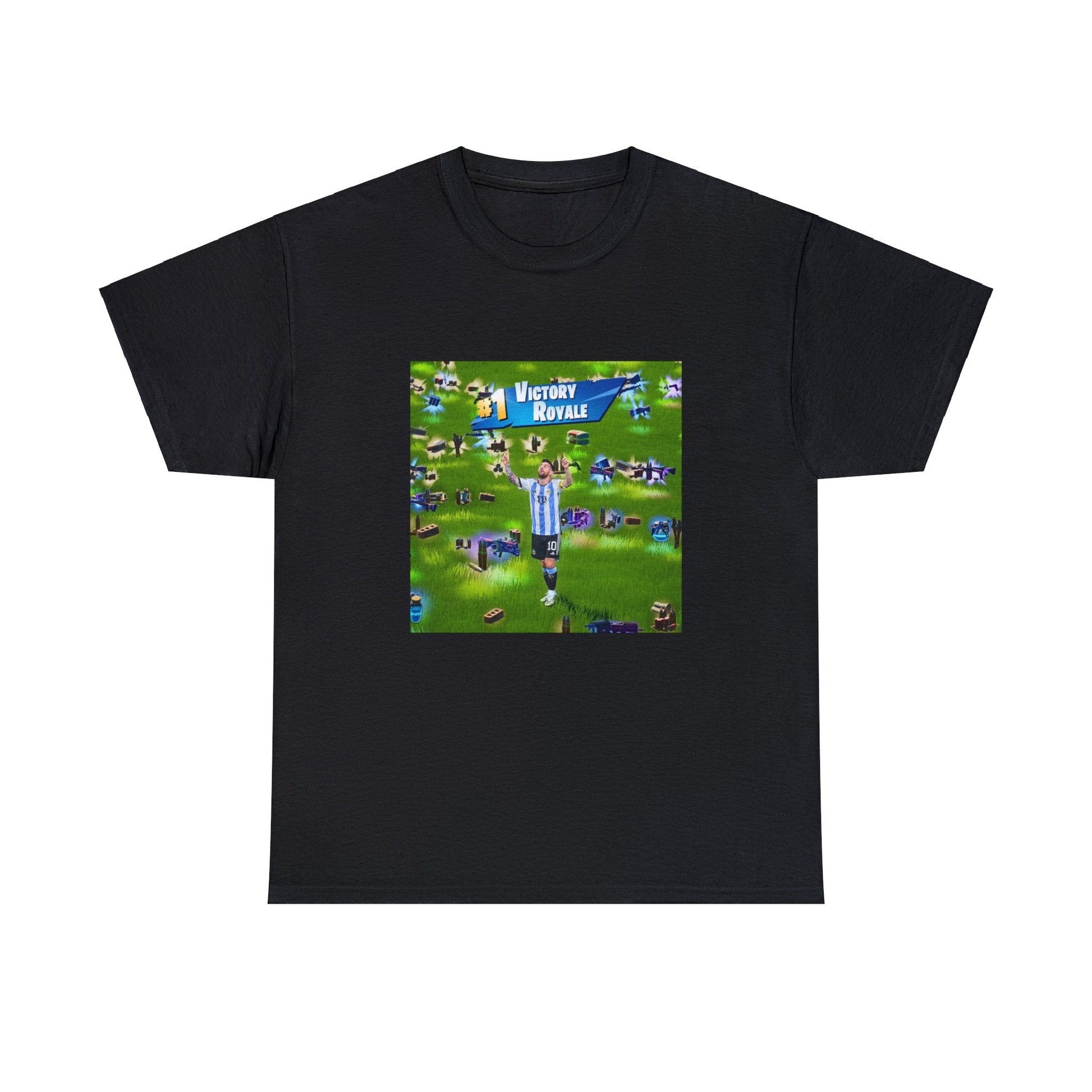 Black T-shirt with Messi doing his celebration, with loot on the ground from Fortnite and a Victory Royale text
