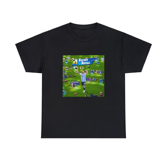 Black T-shirt with Messi doing his celebration, with loot on the ground from Fortnite and a Victory Royale text