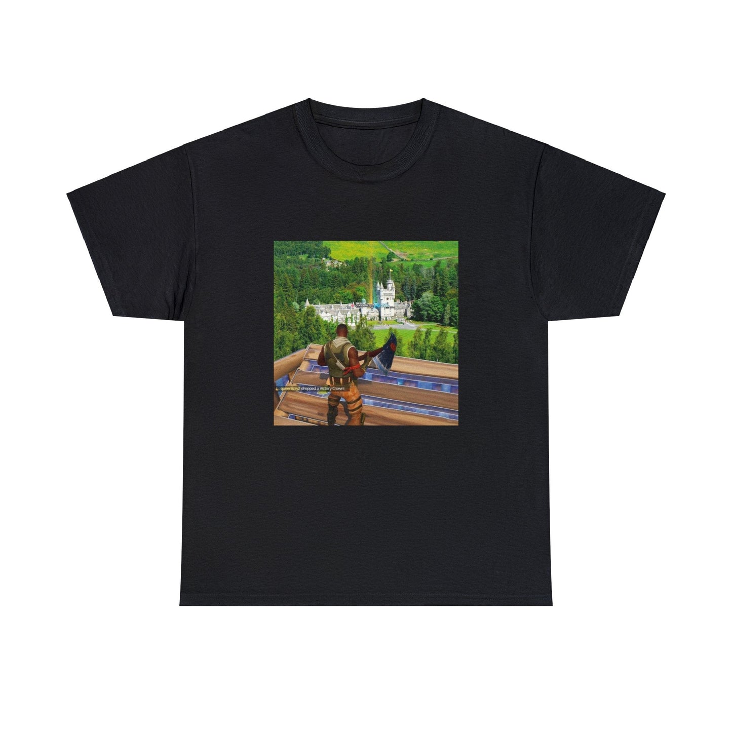 Black T-shirt with Fortnite’s default character looking at the reboot card of Queen Elizabeth in her castle