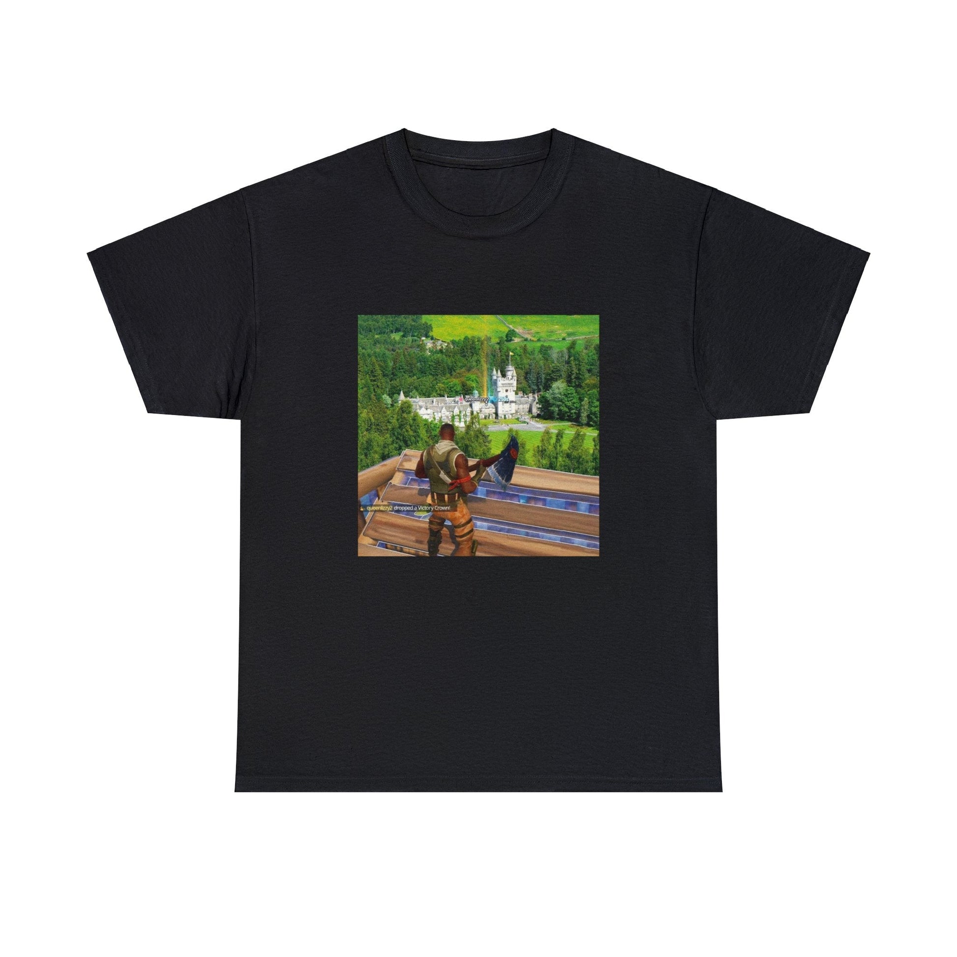 Black T-shirt with Fortnite’s default character looking at the reboot card of Queen Elizabeth in her castle