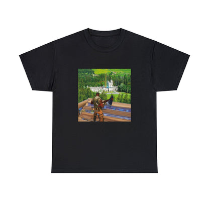 Black T-shirt with Fortnite’s default character looking at the reboot card of Queen Elizabeth in her castle