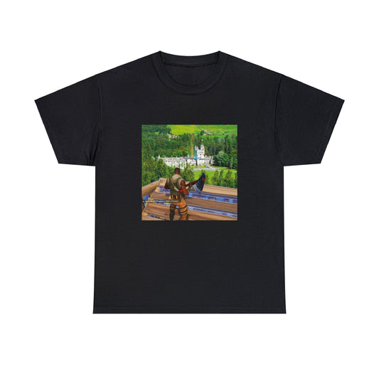 Black T-shirt with Fortnite’s default character looking at the reboot card of Queen Elizabeth in her castle