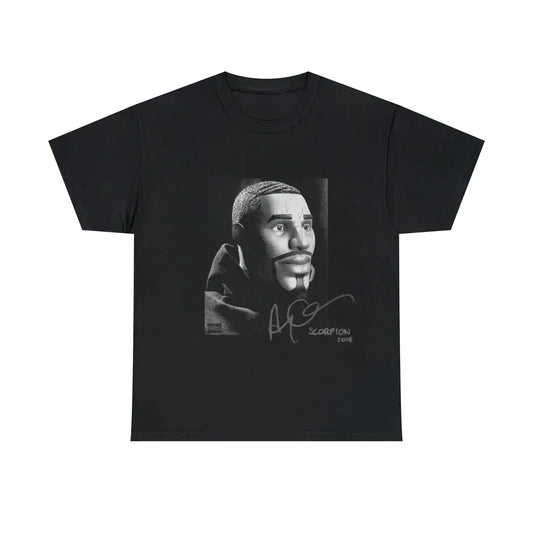 Black T-shirt with Fortnite’s default character on the cover of Drake’s Scorpion studio album