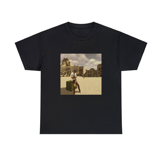 T-shirt with Travis Scott in a desert, with a Minecraft temple behind him