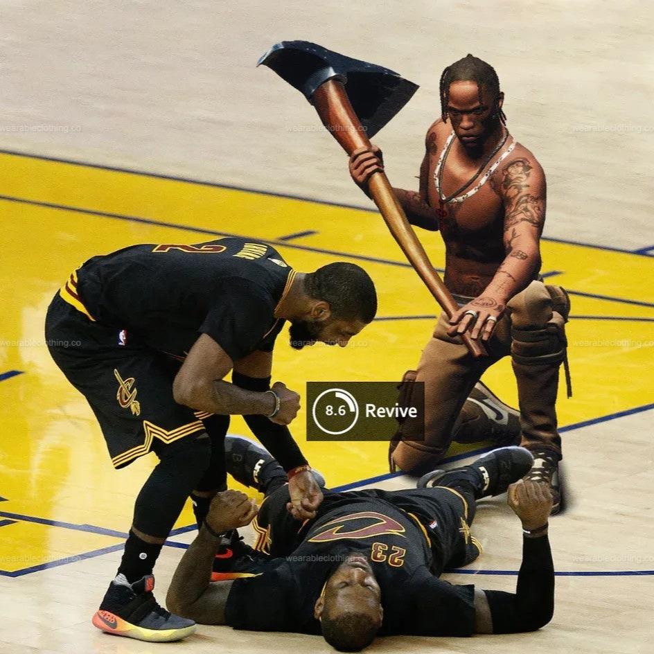 Black T-shirt with Fortnite’s Travis Scott skin reviving LeBron James