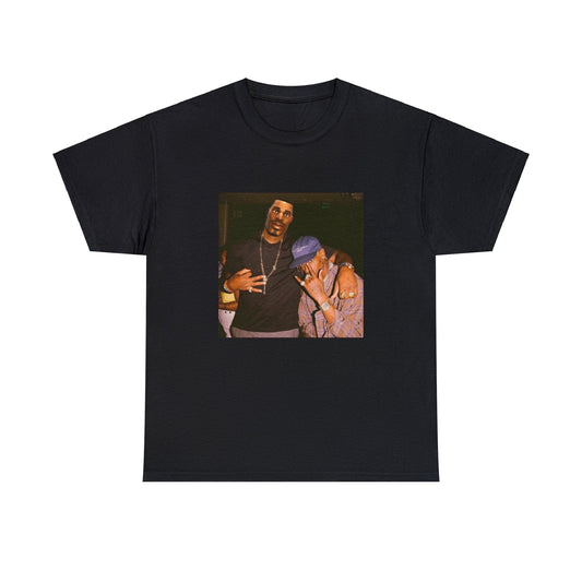 Black T-shirt with Fortnite’s default character and LeBron James in a picture with Travis Scott
