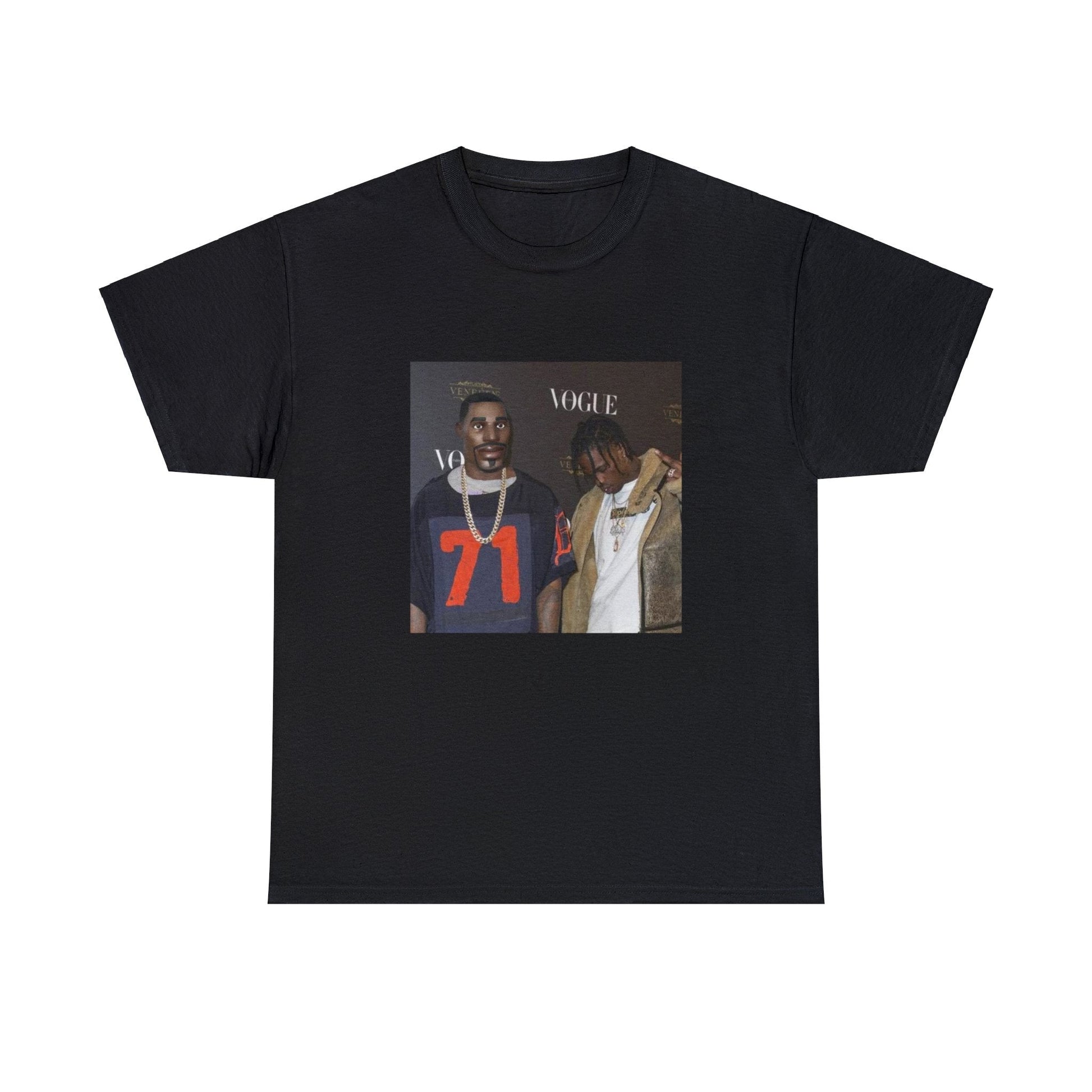 Black T-shirt with Fortnite’s default character alongside Travis Scott