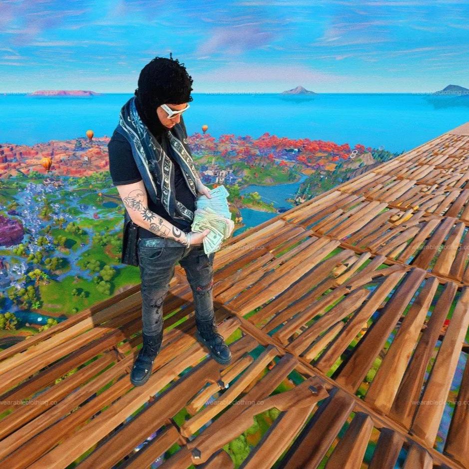 Black T-shirt with Yeat making a skybase in Fortnite.
