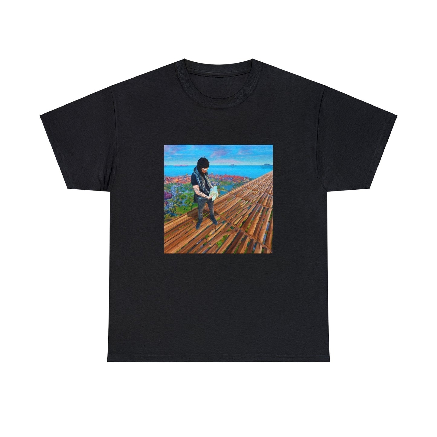 Black T-shirt with Yeat making a skybase in Fortnite.