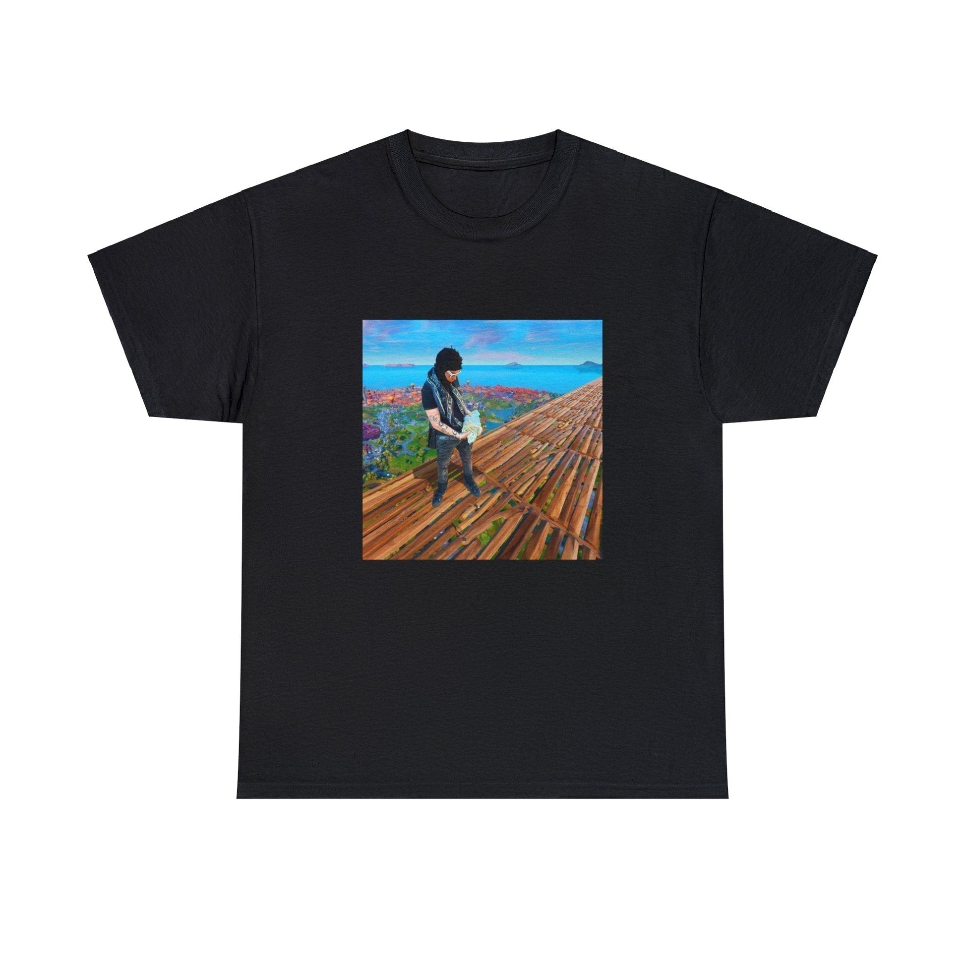 Black T-shirt with Yeat making a skybase in Fortnite.
