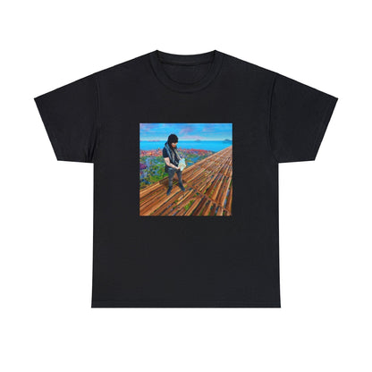 Black T-shirt with Yeat making a skybase in Fortnite.